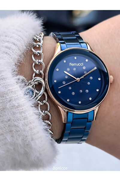 Ferrucci Couple Watches, Navy Blue Silver Color Steel Band, with Bracelet Gift