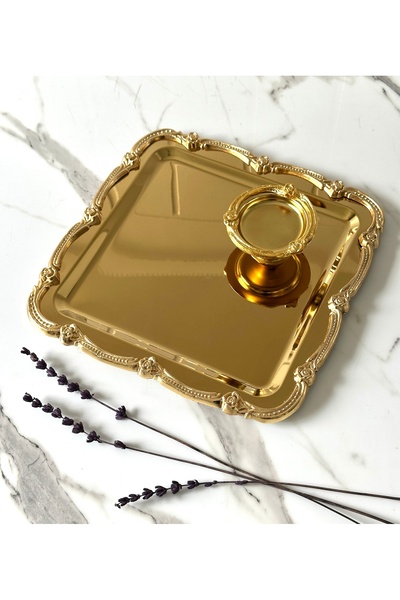 Melinda Fiore Kare Tepsi- Fiore Lokumluk Gold-Gold Çay Kahve Servis Sunum Tep...