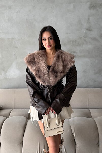 GM Butikk Yeni Sezon Kadın Deri Mont Kürk Yaka Mont Deri Kürk Yaka Deri Ceket...