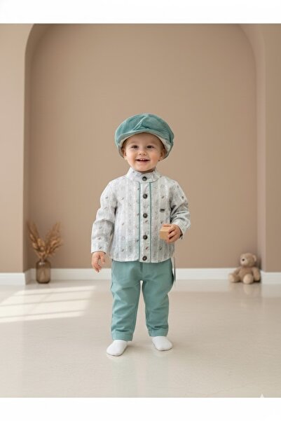 Babydola Erkek bebek kasket şapkalı pantolon gömlek set, doğum günü özel gün ...