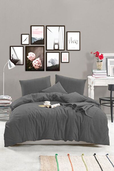 ALAMODE Natural Cotton Sheet Elastic Duvet Cover Set Double Size - Anthracite