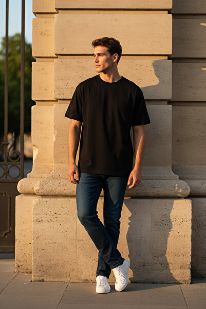 A&O Style Tricou negru pentru bărbați supradimensionat guler rotund basic din...