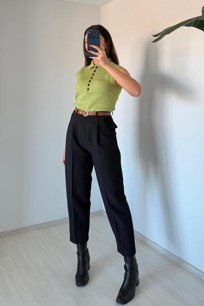 Güneş Pantaloni din țesătură neagră cu talie înaltă și curea