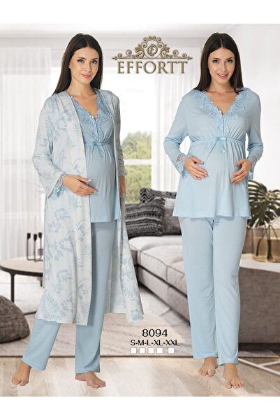 Effortt 8094 Blue Patterned Maternity Pajamas Set with Dressing Gown