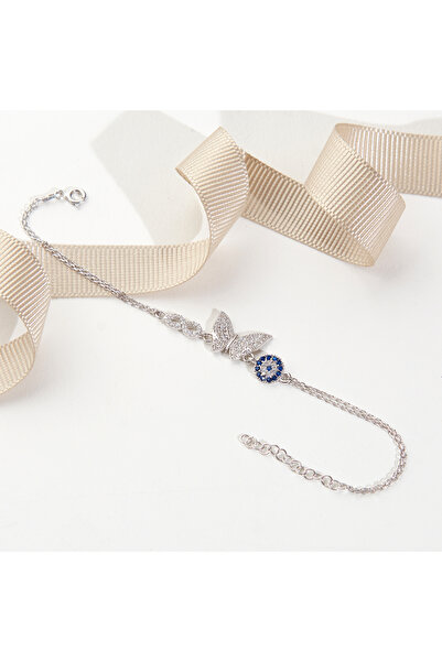 Siset Gümüş 925 Ayar Rodyum Kaplama Nazar Boncuklu Sonsuzluk Kelebek Gümüş Bi...