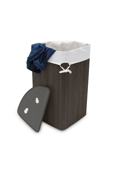 Relaxdays Coș de rufe de colț din bambus, negru, 60 l, 65 x 49,5 x 37 cm
