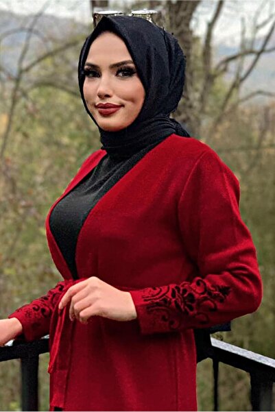 TRENDTESETTÜR KADIN BORDO DESENLİ KUŞAKLI TRİKO HIRKA 35281-2