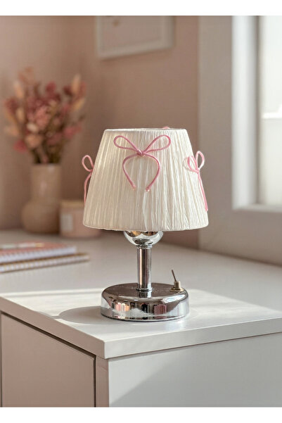 Maison Avf Candy Pembe Fiyonk Kurdele Beyaz Rafya Kablosuz Pilli Masa Lambası...