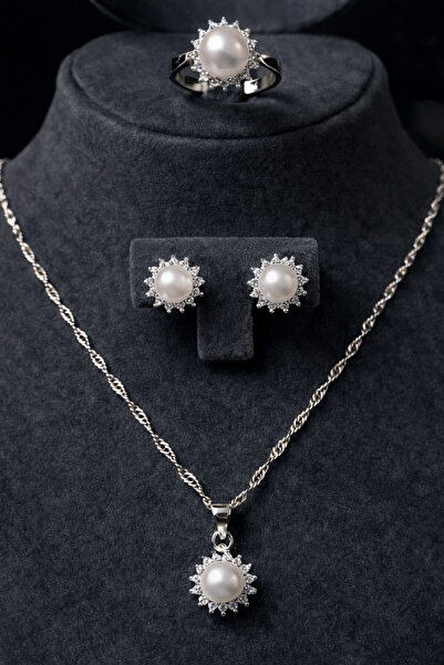 OSMANLI GÜMÜŞ Kadın Gümüş Yüzük Kolye Küpe Set - İnci Motifli Çicek Model Güm...