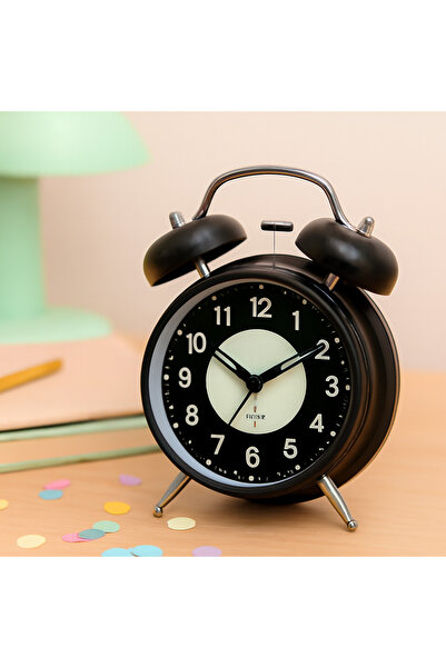 Livava Yuvarlak Metal Masa Saati, Alarmlı ve Işıklı, Siyah, 17 cm