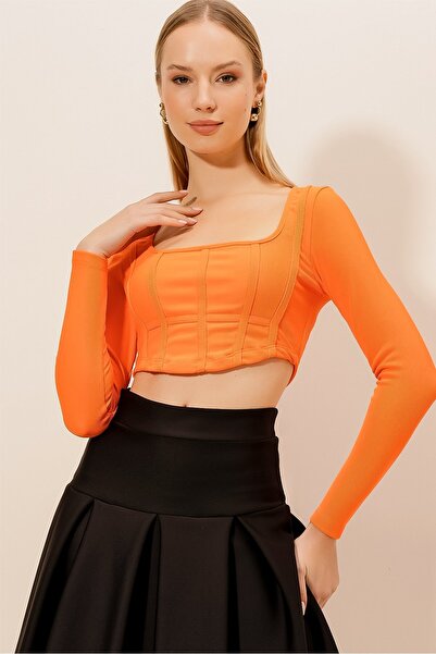 HAKKE Ženska bluza sa dugim rukavima, rebrasti korzet, kratka bluza