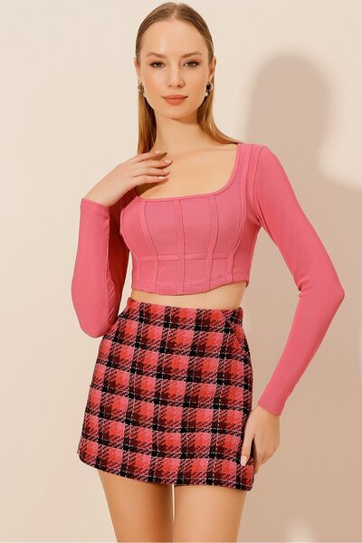 HAKKE Kadın Uzun Kollu Kaşkorse Fitilli Korse Crop Bluz