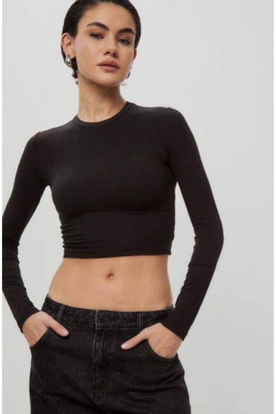 Seeh Дамски боди с дълъг ръкав и кръгло деколте, черно SH216