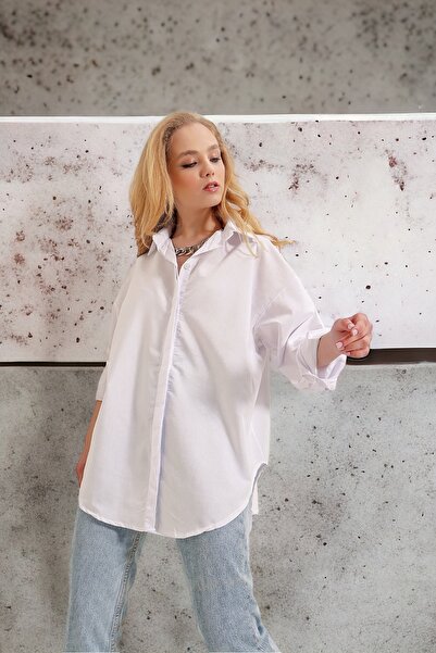 HAKKE Kadın Beyaz Oversize Uzun Basic Gömlek