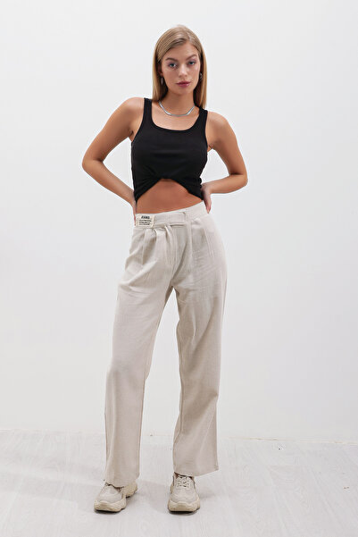 HAKKE Women's Crest Detailed Velcro Wide Leg Linen Trousers