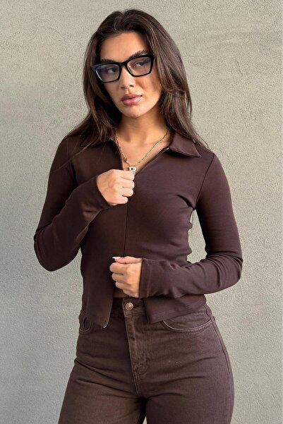 Madmext Brown Polo Neck Double Zipper Slim Fit Women's Body Mg2652