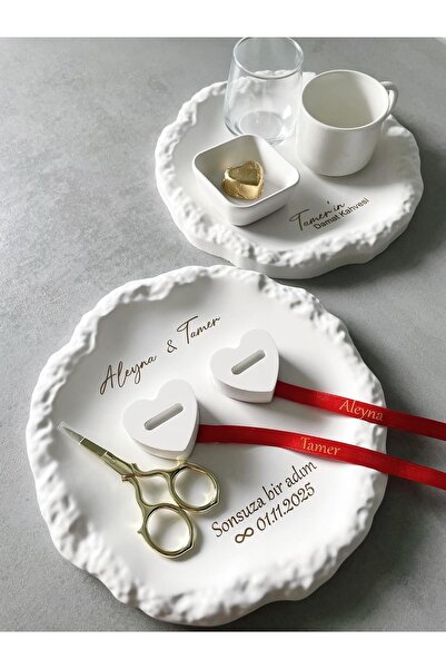 Özalp Decor Sade Nişan , Söz Tepsisi Dokulu Yuvarlak 2’li Tepsi -2’li Yüzük Y...