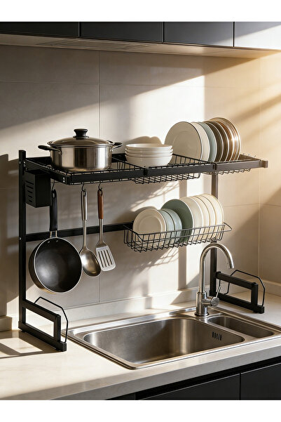 Generic مطبقانية فوق المغسلة - رف تجفيف أطباق ومنظم مطبخ متكامل فوق المجلى، س...