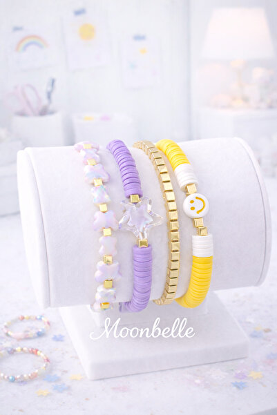 Moonbelle Kız Çocuk Renkli Elastik Bileklik Seti – 4’lü Yıldız & Smile Figürlü