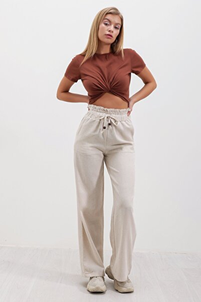 HAKKE Leinenhose mit weitem Bein, elastischer Taille, Vogelaugen-Schnürung