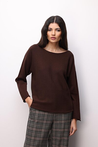 Mixray 7008 Women's Basic Boat Neck Soft Textured Sweater Brown