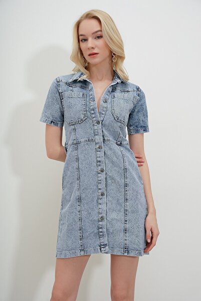 HAKKE Çift Cepli Kuşaklı Kot ELBİSE