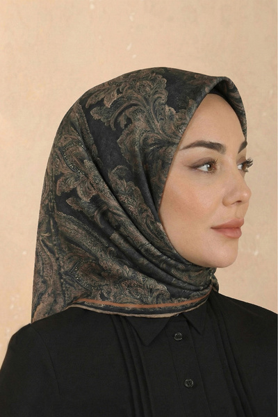 İpekel Siyah-Koyu-Vizon Desenli Soft Keten Eşarp
