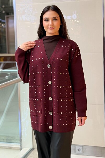 Ghisa V-Neck Colorful Stone and Star Embroidered Knitwear Cardigan