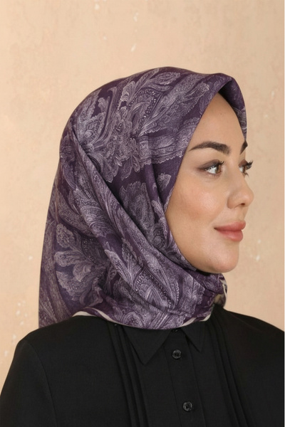 İpekel Koyu-Mor Desenli Soft Keten Eşarp