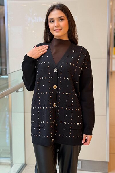 Ghisa V-Neck Colorful Stone and Star Embroidered Knitwear Cardigan