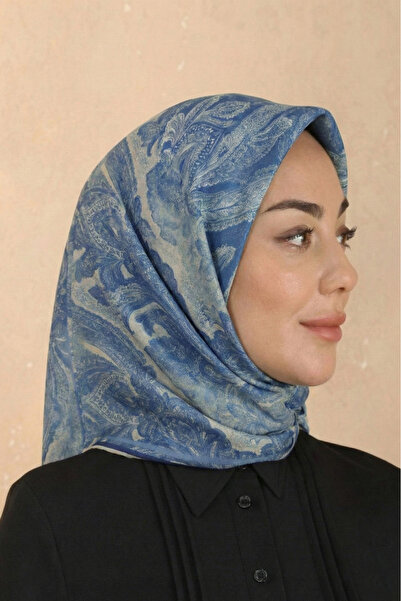 İpekel Mavi Desenli Soft Keten Eşarp