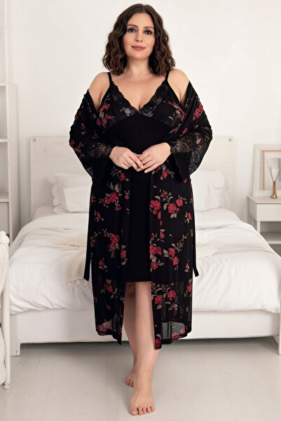 tarzımsüper Set cămașă de noapte cu halat de marime mare, cu bretele din bumb...