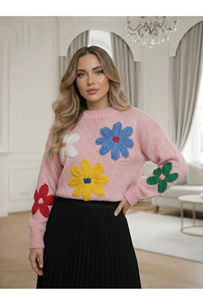 UniqueStore.ro Pink sweater with colorful flowers