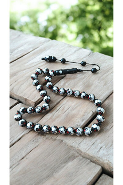 İnan Tesbih Red Enamel Embroidered Sphere Cut Kuka Prayer Beads