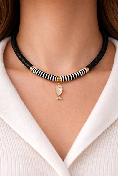 HERCY Mini Balıklı Siyah Beyaz Fimo Kolyen | Balık Kolye | Fimo Boncuk Kadın ...