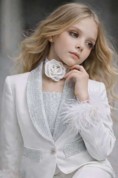 By Feyza Kids Collection طقم بناتي مكون من 4 قطع، جاكيت مزين بالريش، بنطلون، ...