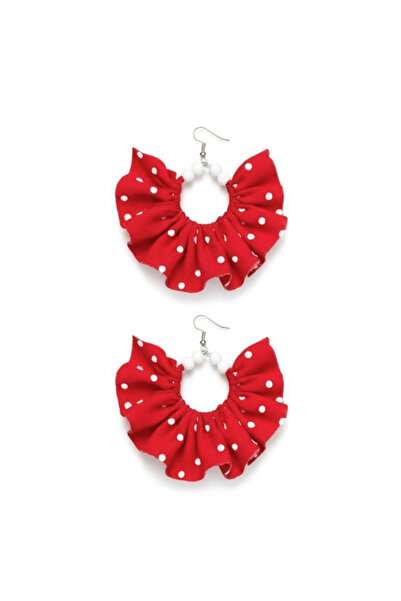 maia Red White Polka Dot Fabric White Beads Design Dangle Hoop Earrings