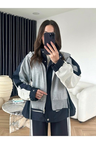 timagna Women's Top and Bottom Set Layer Look Oversized Contrast Color Gradient Zippered Tracksuit Set