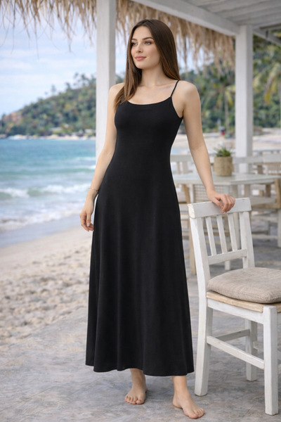 modavingo فستان طويل نسائي أسود بحمالات من قماش مطوي