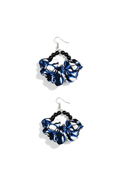maia Blue Black Floral Gathered Fabric Design Hoop Earrings