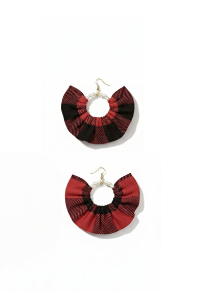 maia Burgundy & Black Plaid Fabric Pearl Design Dangle Earrings