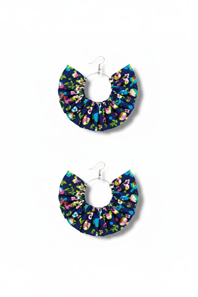 maia Navy Blue Color Floral Fabric Design Hoop Dangle Earrings