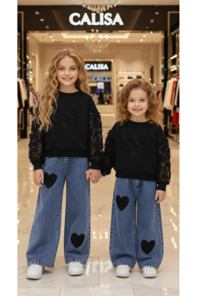 CALİSA Heart Detailed Wide Leg Jeans and Lace Sleeve Heart Black Sweatshirt 2...