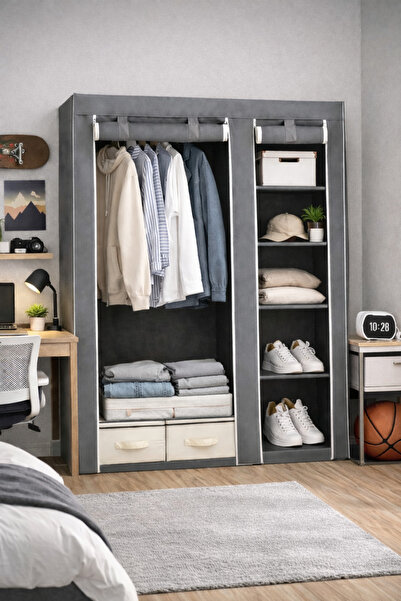 Trendmiz Tek Yandan Raflı Bez Dolap | Katlanabilir Gardırop | Toz Geçirmez Fe...