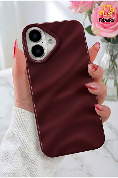 Fibaks Apple iPhone 16 Kılıf Parlak Kabartmalı Dalga Tasarımlı Desenli Mürdüm...