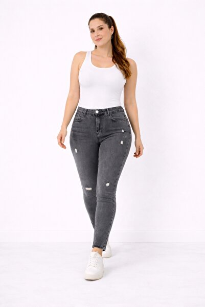 Şans Дамски дънки с висока талия, 5 джоба и разкъсвания, размер Plus Size, цв...