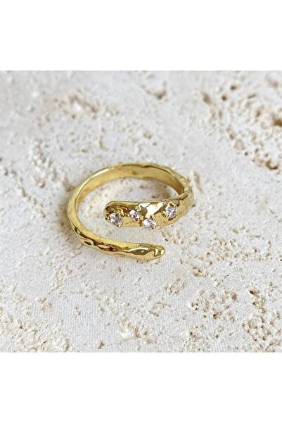 Pursehuit Inel auriu, reglabil, textură ondulată, cu pietre de zirconiu, Nand...