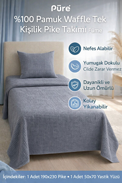 mis home ev tekstil Püre %100 Pamuk Waffle Tek Kişilik Pike Takımı Füme