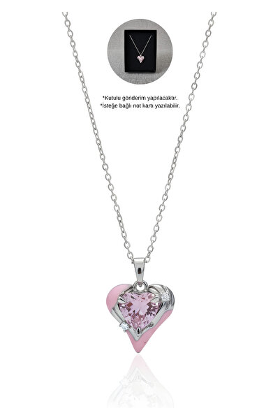 MinAccessory Zircon Stone Heart Shaped Steel Necklace – Pink Stone Detail, Bo...