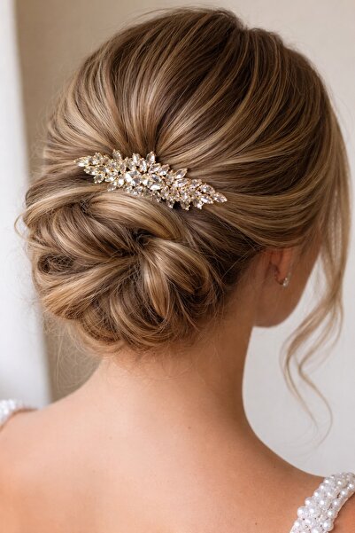 Genel Markalar Gelin Saç Aksesuarı Kristal Taşlı Taraklı Gold Kına Gelin Tokası